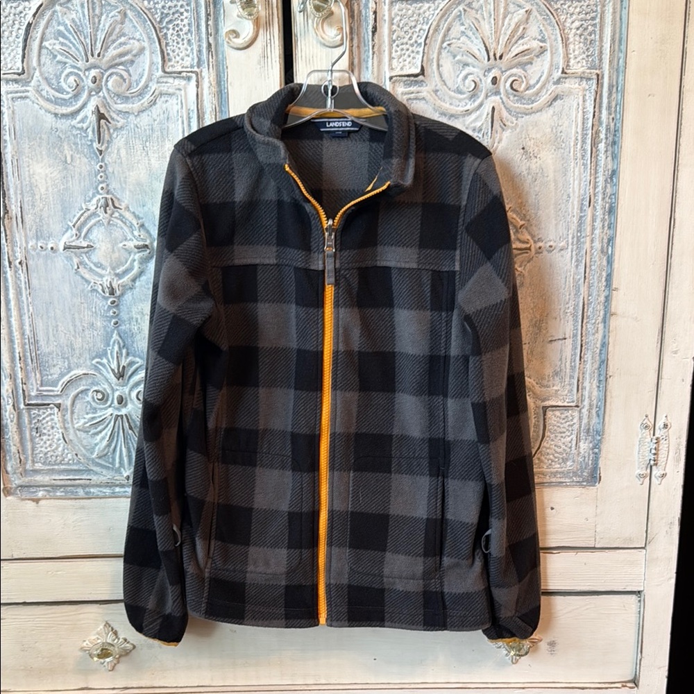 Lands' End Kids' Black and Gray Plaid Jacket with Yellow Zipper